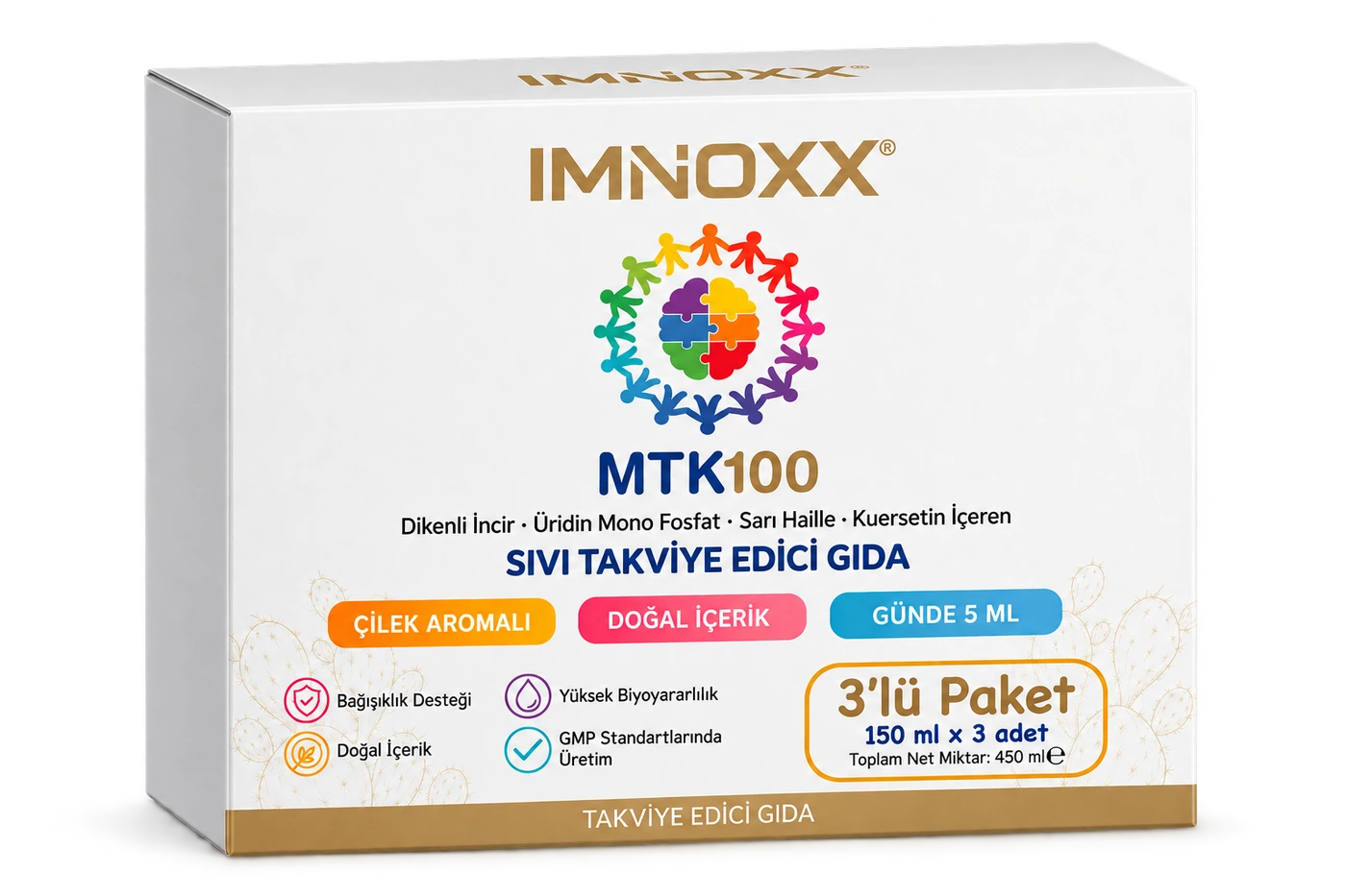 IMNOXX MTK100 üçlü paket için etiket tasarımından oluşturulmuş üç boyutlu kutu görseli.